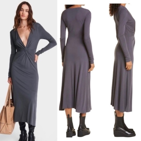 RAG & Bone Jules Jersey Twist Front Long Sleeve A-Line Slim Fit Midi Dress NEW - Picture 4 of 12